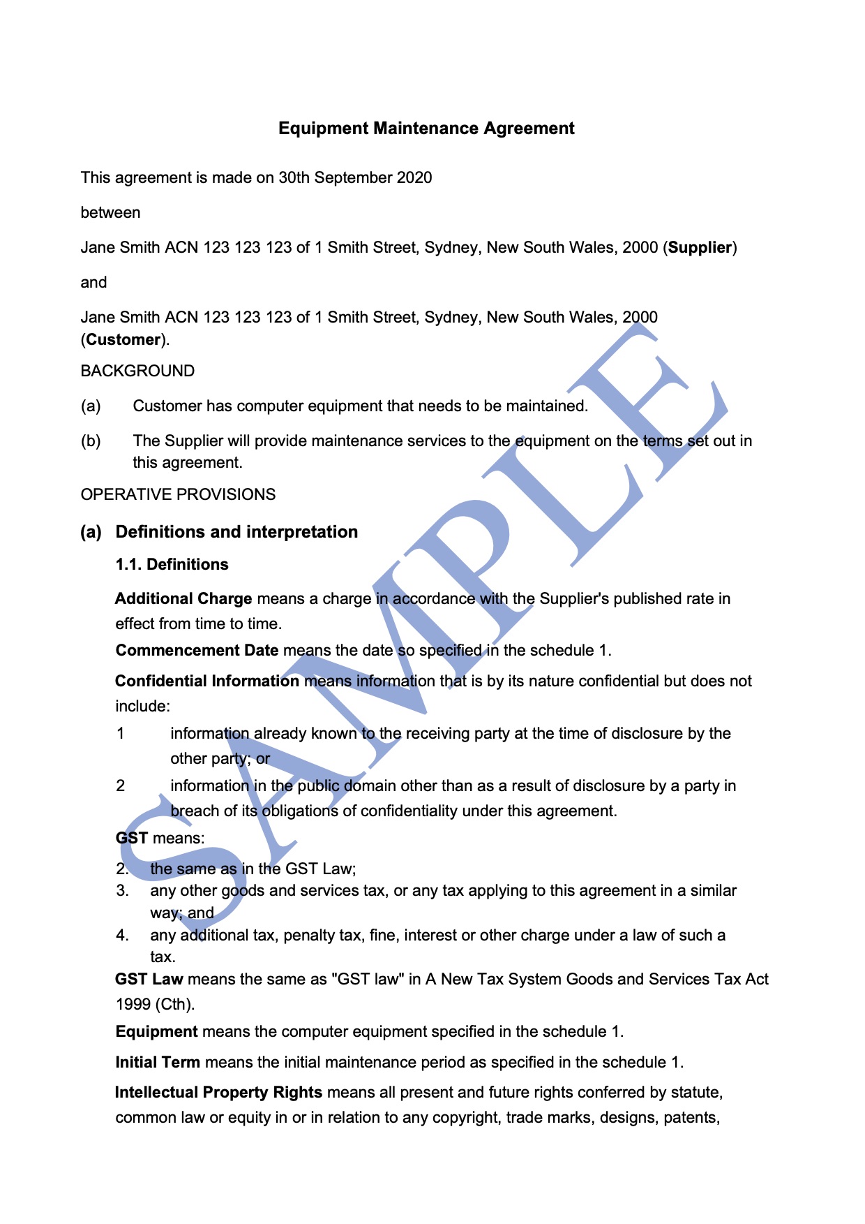 Equipment Maintenance Agreement
